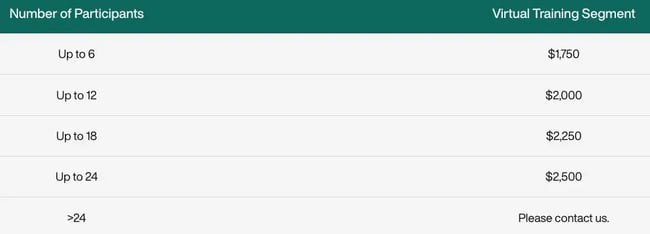 pricing table for virtual training segments, showing costs based on number of participants, customer service training program